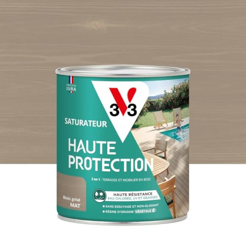 V33 Saturateur bois extérieur Bois grisé mat - Pour terrasses et mobilier de jardin - Haute résistance eau chlorée, UV et graisse - Sans essuyage et non glissant - Résine d'origine végétale - 0,75L