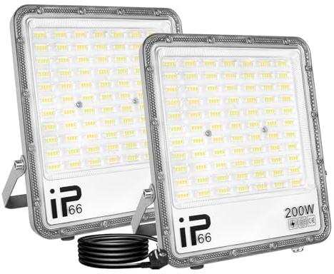 SKYWORLD 2 Pezzi Faretto LED da Esterno, 200W 20000LM Fari LED Esterni | Proiettore Faretti Led con Spina, Luci di Sicurezza per Giardino Patio Cortile Garage Piazza Officina, 6000K Bianca Fredda