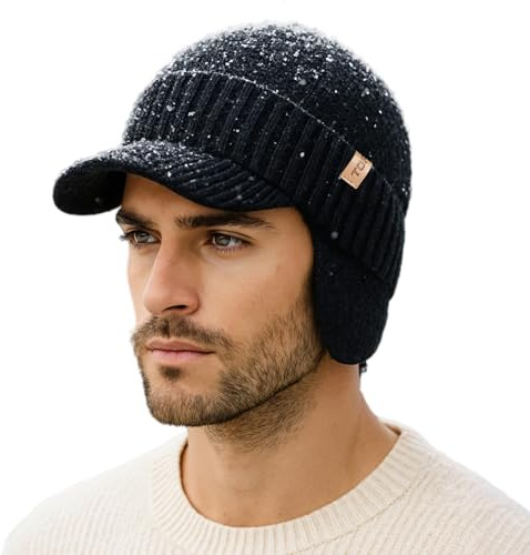 TOP-EX Bonnet d'hiver unisexe imperméable 80 % laine mérinos avec visière et cache-oreilles, doublure en polaire chaude, idéal pour le temps froid et les sports de plein air, M-L