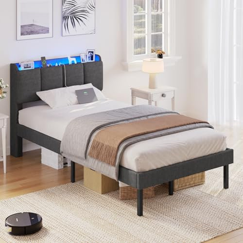 AOGLLATI Polsterbett 90 x 200 cm, Bettrahmen mit LED-Beleuchtung und Ladestation, Bettgestell mit Lattenrost, Jugendbett mit Kopfteil aus Leinenstoff, Dunkelgrau (90x200 cm)