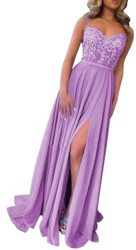 Abendkleider Lang Damen Chiffon Ballkleid Hochzeitskleider Schlicht Spitzen Brautjungfernkleider A-Linie Abiballkleid Flieder 32