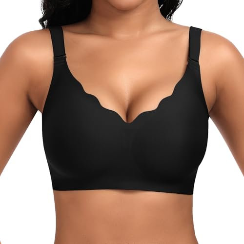 Cavotor Non Wired Bras for Women Seamless Support Wireless Bra for Large Breasts Comfort Soft Bras Ladies T Shirt Bralettes with Extra Extender (Unpatterned Black,M)