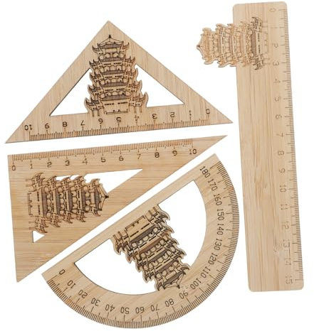 SHOWERORO 4 Stück Bambuslineal 15cm Mit Winkelmesser Und Dreiecklinealen Bruchfestes Holz Gelbes Kranichturm Design Tragbar Für Schule Und Büro