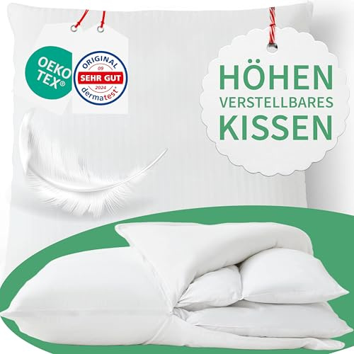Welldora Premium Kopfkissen höhenverstellbar | 100% extraweiche Daunenfasern & Federn | Ergonomische Innovation: passt Sich an | Kissen fachärztl. geprüft, Oeko-Tex zert. in Deutschland (40 x 40 cm)
