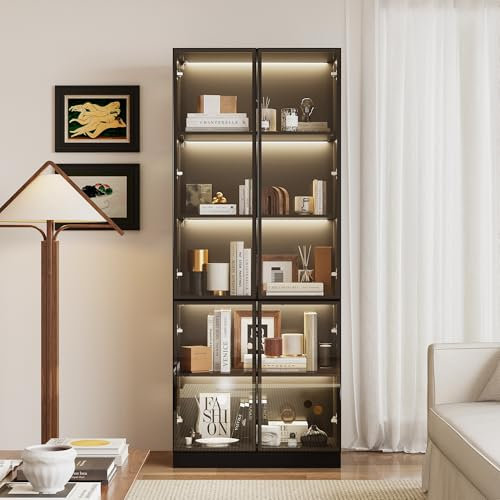 Caldion Vitrinenschrank mit LED-Beleuchtung,Vitrine mit 2 Glastüren,Pop-up-Design,Glasvitrine mit 5 Einlegeböden,Glasschrank Schwarz,für Wohnzimmer,Hartglas,80x36x200cm