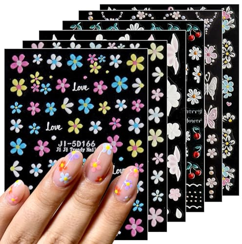JMEOWIO 3D Nagelsticker Bunte Blumen Nail Art Sticker Selbstklebend Nagelaufkleber 5D Stereoskopisch Dekoration Nageldesign Zubehör 6 Blatt