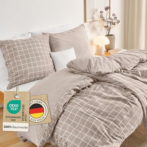 Blumtal Biber Bettwäsche 200x200cm + 2X 80x80cm Baumwolle 3teilig - Flanell Bettwäsche 200x200 Baumwolle Oeko-TEX zert. & Ultra weich - 60 °C waschbare Winterbettwäsche mit edlem Wendedesign - Taupe