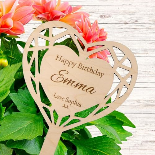 Joyforge The Perfect Finishing Touch for Birthday Plant Gifts – Personalised 'Happy Birthday' Wooden Plant Stake – Custom Engraved Sign to Elevate a Flower Pot Present