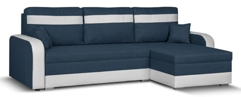 SENTO TRADE Ecksofa mit Schlaffunktion, Bettkasten, L-Form Eckcouch, Schlafsofa, Bonellfederkern, CONDI (marienblau-weiß)