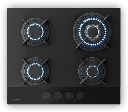 Klarstein Velaire Gas Hob, 60cm Glass, 4-Burner 8000W, LPG & Natural Gas, Electric Ignition, Flame Failure Protection, Easy-Clean Nano-Coating, Hob Kitchen Accessory, Black