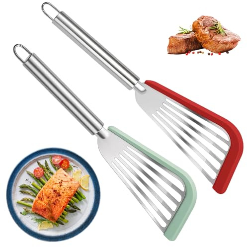 2 Pack Fish Turner Spatula, Stainless Steel with Silicone-Tip for Non Stick Pans, Heat Resistant Slotted Spatulas for Flipping Fish, Eggs, Pancakes, 29.5 * 8.5cm