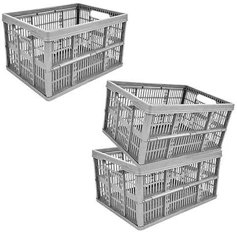 Monal Homion 32L Foldable Plastic Storage Crate – Collapsible Stackable Basket with Handles for Home, Garage & Car Boot – Grey – Pack Size Selection (3)