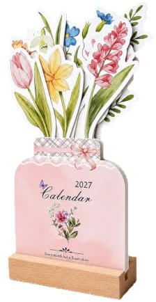 Flowers Desk Calendar 2026 – Floral Monthly Table Calendar with Wooden Base, Vase-Shaped Standing Decor, Removable Page Planner for Home, Office, School Desk
