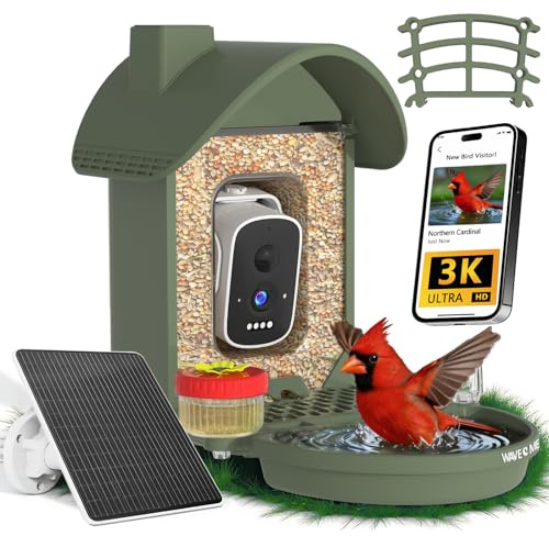 WAVEEME Vogelhaus mit Kamera, 3K Smart Vogelhäuschen mit KI-Vogelerkennung & Vogeltränke, Solarbetrieben Vogelbeobachtung Kamera mit Edelstahlkabel & Futter-Schutznetz, Outdoor Garten Geschenk