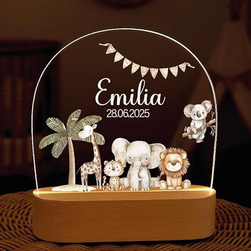 Lovju Personalisiertes Nachtlicht für Kinder & Baby mit Name - Dimmbare Nachtlampe, personalisiertes Geschenk zur Geburt, Taufe & Geburtstag für Mädchen Jungen Baby, Babygeschenk (Safari)