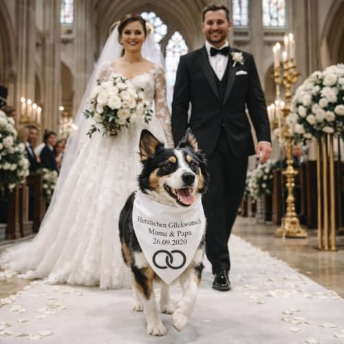 Personalisiertes Hundebandana mit Namen – Individuelles Hundehalstuch mit Wunschtext & Symbol – Waschbar – hergestellt & personalisiert in der EU (M, Hochzeit)
