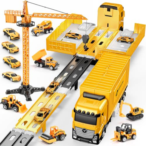 Giocattoli per Bambini Maschi 3-8 Anni: Camion Giocattolo con Catapulta e Pista Pieghevole, Container Cantiere con Gru e 6 Veicoli da Lavoro, 4 Auto da Corsa, Regalo Educativo Compleanno per Bambini
