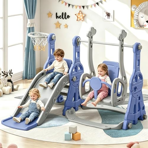 Toboga per Bambini 4 in 1, Toboga per Neonati con Cestino da Basket, Seggiolino a Dondolo, Altalena, Toboga per Bambini da Interno e da Esterno per Piccoli (Blu, 140x118x82 cm)