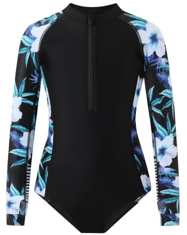 Rynzola Teen Swimming Costume for Girls Long Sleeve One Piece Rash Guard Flower Print High Cut Swim Costumes for Beach