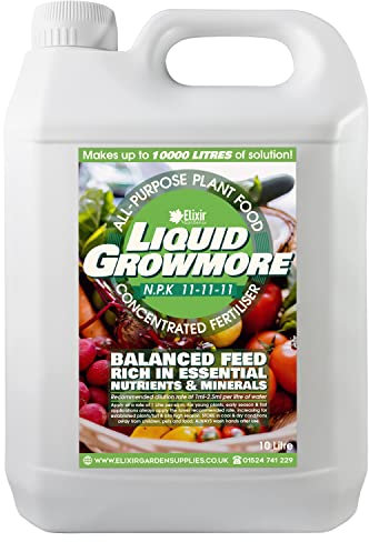 Elixir Gardens Liquid Growmore Concentrate | N.P.K 11-11-11 | 1-10 Litre Bottles Available | Vegetable, Fruit & Flower Food/Plant Fertiliser | 10 L Bottle - Makes up to 10,000L