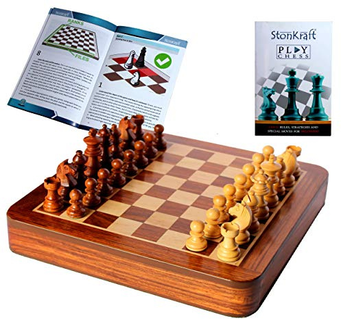 Stonkraft Jeu d'échecs en bois 30,5 x 30,5 cm + pièces en bois faites à la main – À partir de 6 ans