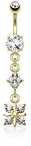 Paula & Fritz® Bauch-nabelpiercing Chirurgenstahl Gold Banane Bauch-Piercing Bananabell Nabel-Piercing Anhänger Kristall 10-mm Stab-länge