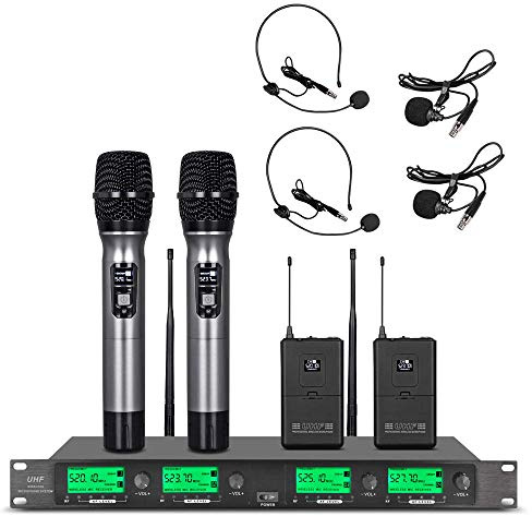 Wireless Microphone System UHF 4 Channel 2 Handheld Mic 2 Headset 2 Lavalier Bodypack 2 Lapel Mic Pro Karaoke System Audio Speaking Conference Wedding Party
