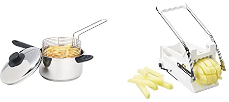 KitchenCraft Large Chip Pan with Basket and Lid, Induction Safe, Stainless Steel, 20 cm + Potato Chipper, French Fry Vegetable Cutter/Dicer Machine, Includes 2 Size of Blades
