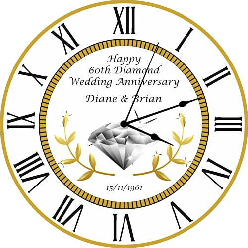 Precision Designs Unique Personalised 60th Wedding Anniversary Clock - Size 30cm Silent Wall Mountable with Roman Numerals - Special Wedding Gift