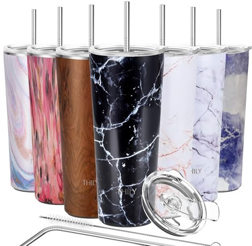 Thily Thermobecher aus Edelstahl, vakuumisoliert, 780 ml, Kaffeetasse mit 2 Deckeln und Strohhalmen, spritzwassergeschützt, hält Eisgetränke kalt, schwarzer Marmor