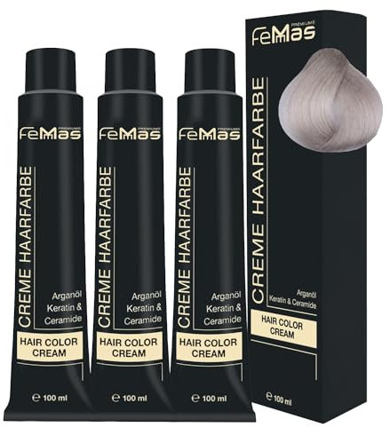 FemMas teinture pour cheveux Blond platine cendré 11.1 3x I Crème colorante à l'huile d'argan, kératine et céramides I Coloration permanente ou teinture I Résultats éclatants I 100 ml