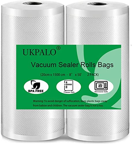 UKPALO 2 Packung 20cm x 15m Vakuumierfolie Beutelrollen zum Lebensmittel Vakuumverpacken, BPA-frei, ideal für Vac Seal Lagerung und Sous Vide Kochen