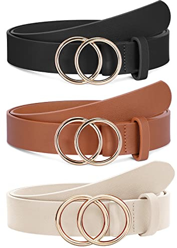 XZQTIVE 3 Packs Women's Leather Belts For Jeans Dresses Pants Fashion Ladies Waist Belt with Double O-Ring Gold Buckle