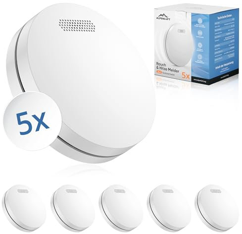 ALPENLUFT Detector de Humo Inalámbrico en Red 10 Años Batería, Alarma de Humo y Detector de Calor 2en1, Alarma de Incendios, Detector de Incendios, Sin Taladrar, Sin LED Intermitente (Set con 5)