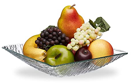 Relaxdays 0 Ensaladera Cuadrada, Fuente Ensalada 1,4 l, Frutero, Cristal con Textura, 6 x 25 x 25 cm, Transparente