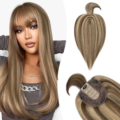 Silk-co Toupet Capelli Donna Veri con Frangia Clip Capelli Veri 40g 10 * 12cm Soft Base Toupee con Frangetta Clip 30cm - 4P27 Marrone Medio & Biondo Scuro