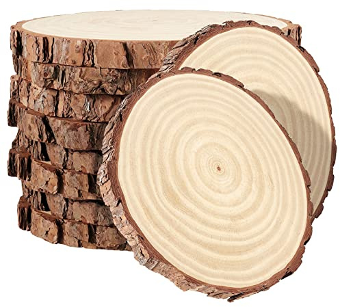 PINGEUI 10 delar 18-20 cm naturliga träskivor, obehandlade träcirklar med bark, runda tomma träskivor träskivor för gör-det-själv-hantverk, juldekorationer och bröllopsdekorationer