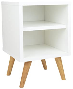 Nachtschrank Weiss mit Regal - Kleiner Couchtisch Weiß - Beistelltisch Holz Seitenschrank - Nachttisch schmal – Nachtkästchen auf Holzbeinen
