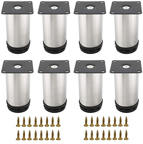 Eidoct 8 Pcs 100mm Adjustable Legs, Stainless Steel Heavy Duty Metal Furniture Feet with 32 Pcs Screws, Stainless Steel Adjustable Feet Kitchen Cupboard Sofa Beds Furniture Legs 4INCH