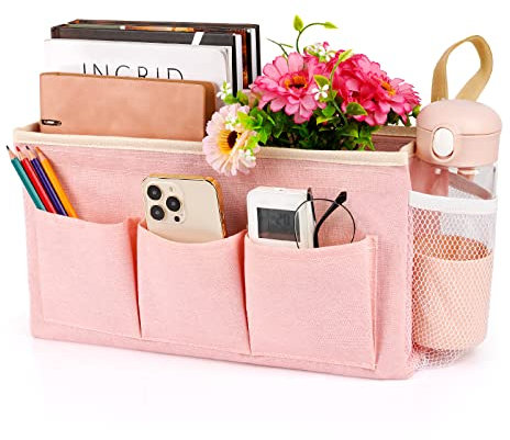 Lilithye Bedside Caddy Bedside Organizer Bedside Storage Caddy with Fixed Straps and Water Bottle Holder for Home College Dorm Bunk Bed Hospital Bed Crib Bed Rails (Pink)