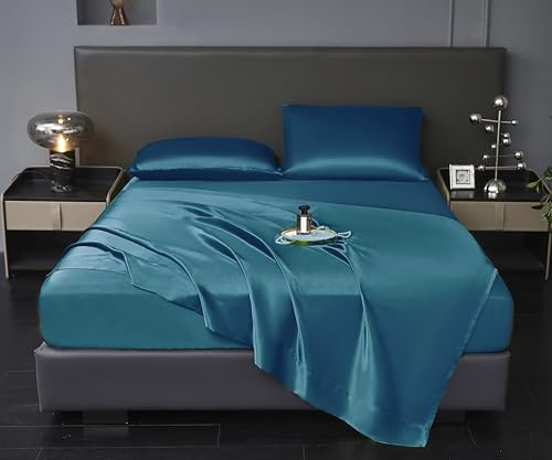 Revdomfly 4 Pcs Queen Size Luxury Silky Soft Navy Blue Satin Sheet Set,1 Premium Moisture Wicking Fitted Sheet Fits Up to 16 Inches Deep Pocket + 1 Flat Sheet + 2 Pillowcases（Navy Blue, Queen）