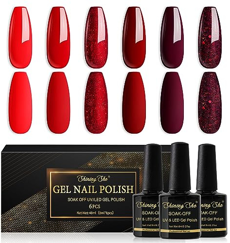 Shining She 6*8ml UV/LED Soak Off Gel Nail Polish Red Burgundy Manicure DIY | 6 Colours Dark Glitter Red Gel Polish Set for Nail Art Manicure Salon DIY at Home