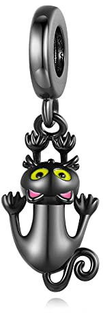 Charmes Noir vilain chat danger pour Bracelets - Charms de Perles ajourées en Argent Sterling 925, charmes de Coeur d'amour pour Bracelets et Colliers pour Femmes
