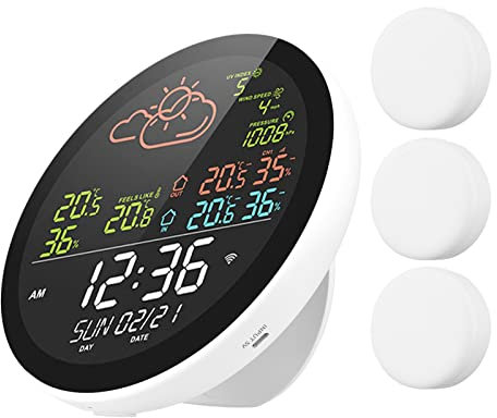 WiFi Intelligente Wetterstation mit Uhr Innen- und Außentemperatur- und Luftfeucgkeitsmesser Multifunktionaler großer Farbbildschirm Wetteruhr Temp. & Feucgkeitsmesser mit 3 Sensoren