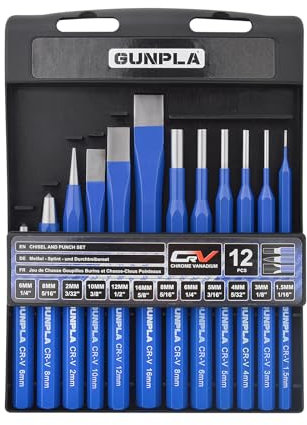 Gunpla 12-teiliges Meißel- und Stanz-Set, hochwertiger langlebiger Chrom-Vanadium-Stahl, 1,5–16 mm – Entfernen von Meißeln, Einfügen, Verschlammen, rostige Muttern, Zentrumstanzwerkzeuge
