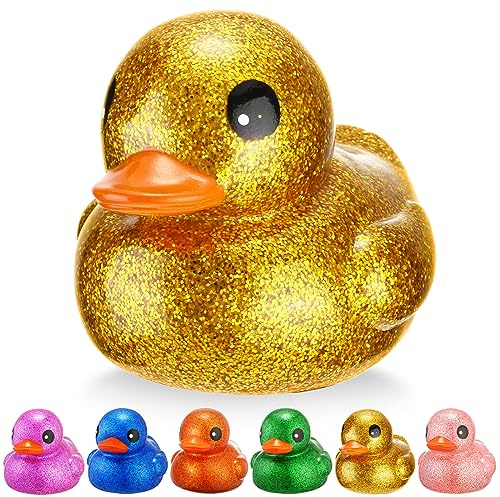 Honoson 6 Pieces Giant Glitter Rubber Ducks 6.89 Inch Big Sparkly Rubber Ducky Jumbo Duck Bathtub Toys with Squeaky Sound for Baby Shower Birthday Party Favor Summer Beach Pool Activity (Colorful)