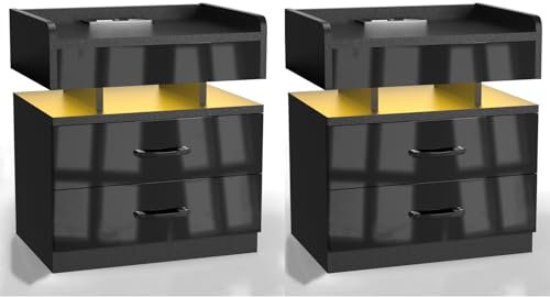 HaodaCulture LED Nachttisch Schwarz,Nachttisch Hochglanz mit Steckdose nachttisch mit ladefunktion nachttisch mit led nachttisch mit Beleuchtung mit ladefunktion und 2 Schubladen(2)