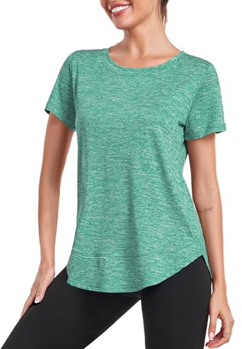Deaviya Sport T-shirt dam, kortärmad tröja kvinnor lös, träningstoppar rund hals atletisk avslappnad löpning yoga fitness t-shirts sida delad te, Ljusgrön, 3XL