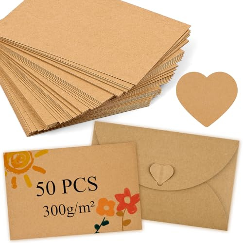 50 Stück A6 Kraftpapier, 15 x 10 Kraftpapier Karten mit 5 Braune Kraftumschläge, 300 g/m² Postkarten Blanko, Blanko Karteikarten,DIY Kreative Bastelprojekte für Drucken, Einladungen, Grußkarten