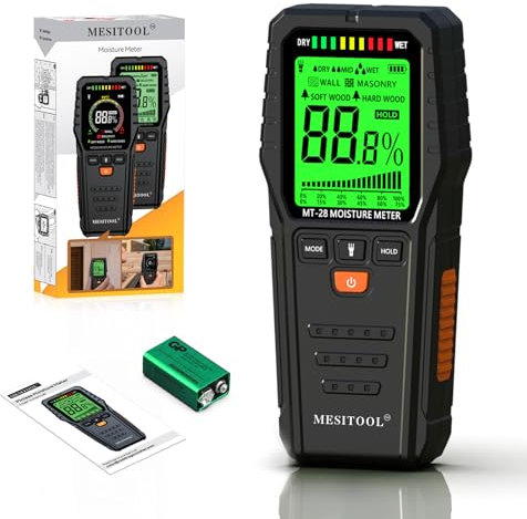 Wood Moisture Meter - Precise Moisture Meter for Wood, Walls and Building Materials, LCD Display, Backlight, Replacement Pins, Ideal for Construction Projects and DIY (‎MT28)